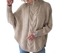 Pull cape tricoté jacquard avec col roulé et manches chauve-souris pour femme, pull ample adapté pour le printemps, l'automne et l'hiver (S kaki)