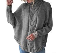 Pull cape tricoté jacquard avec col roulé et manches chauve-souris pour femme, pull ample adapté pour le printemps, l'automne et l'hiver (S, gris)