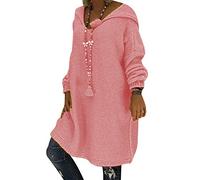 Pull Capuche Femme Long Chaud Robe Pull Grosse Maille à Capuche Femme Large Oversize Pull Tunique Torsadé Manche Longue Ample Hiver Epais Robe Sweat Grosses Mailles Torsadée Pull Droit Loose Rose XL