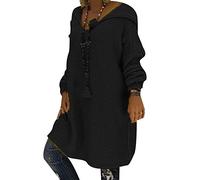 Pull Capuche Femme Long Chaud Robe Pull Grosse Maille à Capuche Femme Large Oversize Pull Tunique Torsadé Manche Longue Ample Hiver Epais Robe Sweat Grosses Mailles Torsadée Pull Droit Loose Noir XL