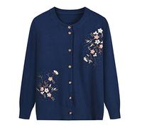 Pull Cardigan Ouvert En Cachemire Femme - Chunky Chaud D'Âge Moyen Veste En Tricot Vintage Ethnique Manteau De Grand-Mère Brodé, Mère Épaissie Classique Tricot Top Dames Cadeau,Bleu Marine,Xxl