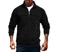 Pull cargo pour homme avec fermeture quart de déchirure, couleur unie, en coton, sweat tactique, sans capuche, pour l'extérieur, décontracté, gym, sport, t-shirt à manches longues, Noir , M