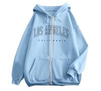 Pull chat pour femme avec imprimé lettre, fermeture éclair, manches longues, poche, cordon de serrage, sweat à capuche de sport décontracté (7) pull de Noël fille, bleu clair, XXL
