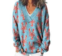 Pull Chaud Femme Polaire Pull Femme Col Rond Women S Print Loose Fashion Casual Winter V Neck Knitted Strip Long Sleeve Imitation Sweater Gilet Long Et Chaud Blue XL
