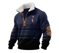 Pull chrétien en polaire pour homme avec fermeture éclair 1/4 - Col à revers - Pull pour homme - Motif drapeau national - Pull à manches longues - Chaud - Pour l'hiver, bleu marine, XL
