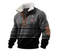 Pull chrétien en polaire pour homme avec fermeture éclair 1/4 - Col à revers - Pull pour homme - Motif drapeau national - Pull à manches longues - Chaud - Pour l'hiver, gris, XL