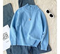 Pull col montant oversize pour filles, tout-aller bleu, tissu doux, polyvalent, essentiel pour l'automne/l'hiver 8Y,9Y,10Y,11Y,12YUnicoloreLaine peignée