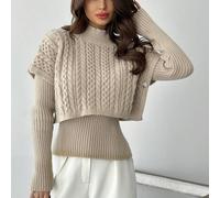 Pull col rond 2-en-1 beige élégant et minimaliste, mode décontractée pour le travail, convenant aux personnes âgées, adapté pour l'automne/hiver, hauts manches longues L,M,S,XSTricots