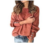 Pull col Rond à Manches Longues pour Femmes Couleur Unie Classique Confortable Ample Chaud Hiver surdimensionné Pull en Tricot Manteau De Noir Femmes (Red, L)