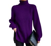 Pull Col Roulé Femme Grosse Maille Col Montant Oversize Hiver Grande Taille Pullover Chandail Tricot Ample Torsadé Chaud Pull-Over Sweater Torsade Violet L