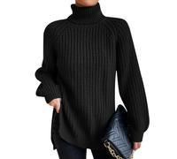 Pull Col Roulé Femme Grosse Maille Col Montant Oversize Hiver Grande Taille Pullover Chandail Tricot Ample Torsadé Chaud Pull-Over Sweater Torsade Noir L