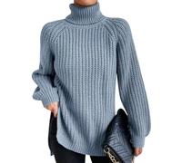 Pull Col Roulé Femme Grosse Maille Col Montant Oversize Hiver Grande Taille Pullover Chandail Tricot Ample Torsadé Chaud Pull-Over Sweater Torsade Bleu XL