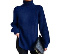 Pull Col Roulé Femme Grosse Maille Col Montant Oversize Hiver Grande Taille Pullover Chandail Tricot Ample Torsadé Chaud Pull-Over Sweater Torsade Bleu L