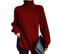 Pull Col Roulé Femme Grosse Maille Col Montant Oversize Hiver Grande Taille Pullover Chandail Tricot Ample Torsadé Chaud Pull-Over Sweater Torsade Rouge 3XL