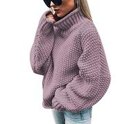 Pull Col Roulé Femme Grosse Maille Oversize Ample Loose Chaud Uni Pull-Over Tricoté Torsadé Manche Longue Epais Top Casual Pullover Jumper Violet M