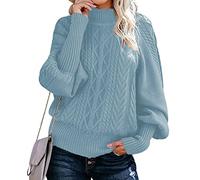 Pull Col Roulé Femme Hiver Pull Oversize Grosse Maille Ample Jacquard Manche Longue Large Femme Col Roule Grande Taille Pulls Tricoté Vintage Gros Pull Tricot Torsade Personnalisable Femme Bleu L