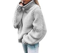 Pull Col Roulé Femme Uni Chaud Grosse Maille Tricoté Oversize Haut Hiver Gros Tricot (Color : Grau, Size : XL)
