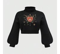 Pull col roulé grande taille pour femmes, style gothique romantique avec broderie de cœur, strass et cristaux, décoration d'étoile en forme de larme 0XL,1XL,2XL,3XL,4XLNoël,Coutume populaireTricots