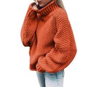 pull col roulé, uni femme, chaud, gros maille tricoté, oversize, haut, pull hiver, gros tricot, (Color : Orange, Size : S)