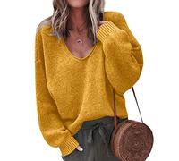 Pull Col V Femme Chandail Maille Tricot Pull Torsadé Femme Oversize Pull Epais Grosse Maille Fine Torsadée Ample Chaud Femme Pull Grosses Mailles Manche Longue Sweat Joli Loose Simple Hiver Jaune XL