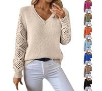 Pull Col V Femme Large, Pull Femme Chic Et Elegant Soiree, Sweater Mi Saison Leger sous-Pull Manche Longue Ajourée 2025 Nouveau Pullover Décontracté Haut Tricoté Tunique Grande Taille Sweater