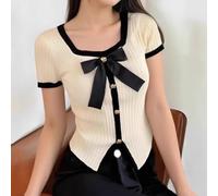 Pull coréen à col carré en patchwork avec nœud papillon pour femme - T-shirt à manches courtes - Coupe ajustée - Pour un style quotidien (abricot)