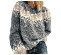 Pull Coton Femme, Pull Norvégien Gris Femme en Laine Grande Taille Sweat sans Capuche Sweatshirts Hiver Chaud Pulls Islandais Chic Et Elegant Col Rond Jacquard Polaire Crochet Tricot