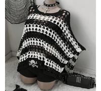 Pull court à manches courtes en maille ajourée pour femmes grande taille, motif crochet noir & blanc, style décontracté Y2K sombre, adapté pour le printemps, l'été, l'automne, les vacances et la rentr