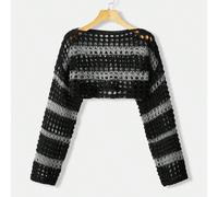 Pull court à rayures en tricot ajouré avec épaules tombantes, pull-over tricoté pour l'automne et l'hiver 0XL,1XL,2XL,3XL,4XLUnicoloreTricots