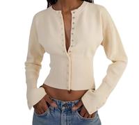 BTFONIA Pull Court boutonné à Manches Longues et col en V en Tricot côtelé for Femme(Apricot,M)