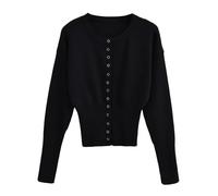 BTFONIA Pull Court boutonné à Manches Longues et col en V en Tricot côtelé for Femme(Black,S)