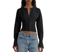 Pull Court boutonné à Manches Longues et col en V en Tricot côtelé for Femme(Black,S)