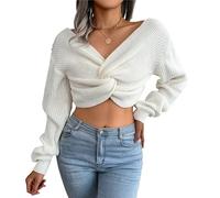 Pull Court en Tricot à NœUds TorsadéS pour Femmes Pull-Over DéContracté Solide à Croix CroiséE Crop Tops en Tricot Automne-Hiver (Blanche,M)