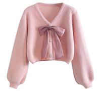 pull court femme chic et elegant Nœud Papillon pull polaire hiver chaud col v avec perle boutons pullover tricoté léger à la mode chandail manche longue thermal style kawaii cardigan (One Size)