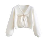 pull court femme chic et elegant Nœud Papillon pull polaire hiver chaud col v avec perle boutons pullover tricoté léger à la mode chandail manche longue thermal style kawaii (White, One Size)