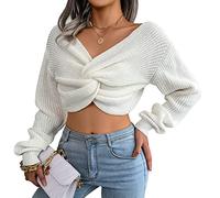 Pull Court Femme Col V Hiver Chic Pullover Pull Crop Top Oversize Maille Ample Manche Longue Large Femme Grande Taille Pulls Tricoté Femme Pull-Over Sweater Pull Tricot Personnalisable Femme Blanc L