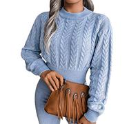Pull Court Femme Hiver Chic Crop Top Grosse Maille Ample Jacquard Manche Longue Large Tricoté Chaud Pull-Over Vintage Tricot Torsade Personnalisable Bleu M