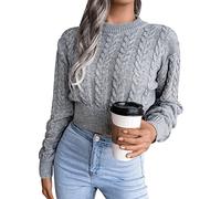Pull Court Femme Hiver Chic Pullover Pull Crop Top Grosse Maille Ample Jacquard Manche Longue Large Femme Pulls Tricoté Femme Chaud Pull-Over Vintage Pull Tricot Torsade Personnalisable Femme Gris L