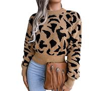 Pull Court Femme Leopard Hiver Chic Pullover Pull Crop Top Maille Ample Manche Longue Large Femme Pulls Tricoté Femme Chaud Pull-Over Sweater Vintage Pull Tricot Torsade Personnalisable Femme Kaki S