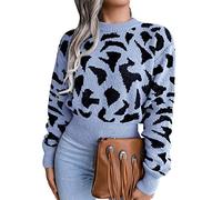 Pull Court Femme Leopard Hiver Chic Pullover Pull Crop Top Maille Ample Manche Longue Large Femme Pulls Tricoté Femme Chaud Pull-Over Sweater Vintage Pull Tricot Torsade Personnalisable Femme Bleu S