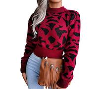 Pull Court Femme Leopard Hiver Chic Pullover Pull Crop Top Maille Ample Manche Longue Large Femme Pulls Tricoté Femme Chaud Pull-Over Sweater Vintage Pull Tricot Torsade Personnalisable Femme Rouge S