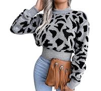 Pull Court Femme Leopard Hiver Chic Pullover Pull Crop Top Maille Ample Manche Longue Large Femme Pulls Tricoté Femme Chaud Pull-Over Sweater Vintage Pull Tricot Torsade Personnalisable Femme Gris M