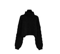 Pull court torsadé à col roulé épais pour femme, coupe ample, manches longues, pull tricoté pour l'extérieur, Noir , M