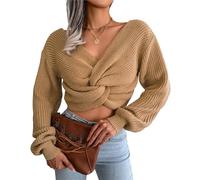 Pull croisé à col en V et à nœuds torsadés pour Femmes Chandails à Manches Longues en Tricot à Croix croisée Pull Solide à la Mode de l'automne (Kaki,M)