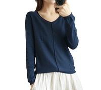 Pull d'automne décontracté en coton à manches longues et col en V pour femme, bleu marine, UK7 / 41EU / US8