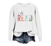 Pull de jogging pour femme avec livre de lecture « Let's Read » - T-shirt graphique à manches longues - Col rond - Pour enseignant et bibliothèque - Pull de travail, Blanc., XL