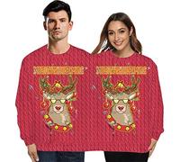 Pull de Noel 2 Personnes Femme Homme Sweat Noël Couple Drole Pull Moche Noel Imprimé Renne Cerf Chien Kitsch Pull Noel Famille Pulls de Noel Ugly Christmas Sweats Shirt Sweat-Shirt Pull-Over Rouge