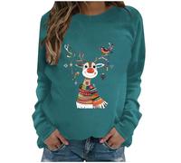 Pull de Noël à Manches Longues pour Femme - Col Rond avec Imprimé Rennes - Décontracté, Vert, S