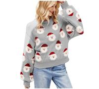 Pull de Noël ample pour femme - Pull de Noël tricoté mignon avec tête de Père Noël - Pull à col rond - Vêtements en tricot pour la maison, les fêtes, cadeaux de Noël, gris, S