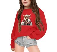 Pull de Noël Amusant pour Fille Enfant,Pull Rigolo Bovins des Highlands Imprime Mignon Sweat Sans Capuche Manches Longues Col Rond Pullover Mode Chaud Doux Vêtements pour 2 - 7 Ans Hauts Joyeux